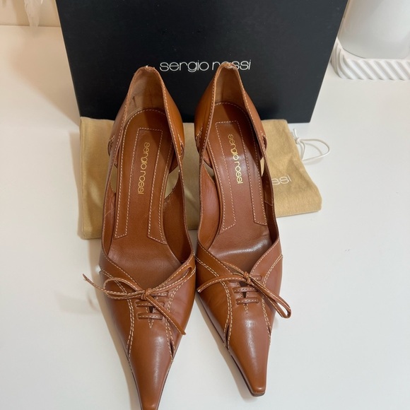 Sergio Rossi Tan Leather Pointed Toe High Wooden Stiletto Heels - Picture 14 of 15